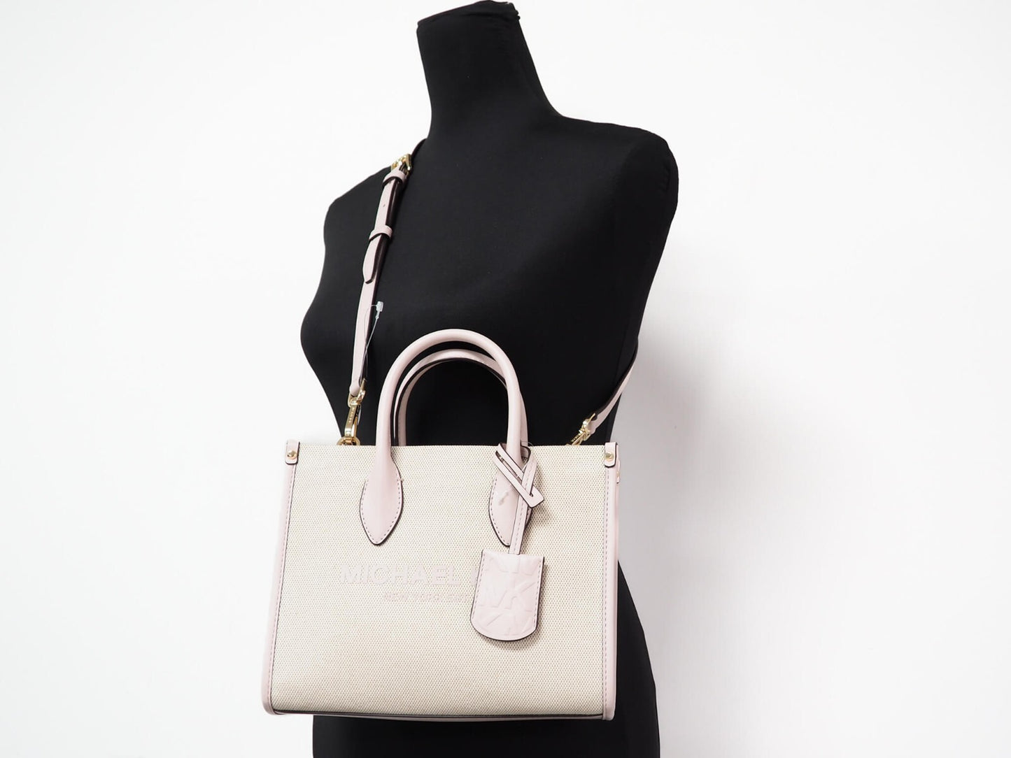 Michael Kors Mirella Small Powder Blush Canvas Shopper Crossbody Handbag Purse