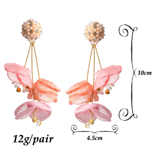 Flower Petal, Pearls, and Crystal Drop Earrings