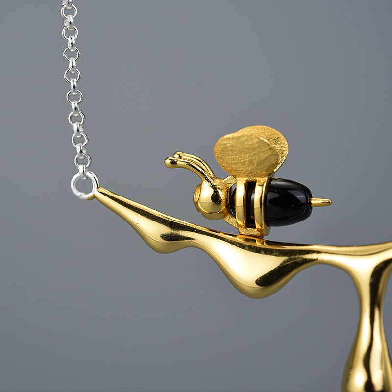 Gold Bee and Dripping Honey Pendant Necklace, Sterling Silver, 18k Gold Plated
