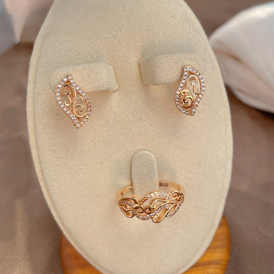 585 Rose Gold Plated Ring and Stud Earrings Set