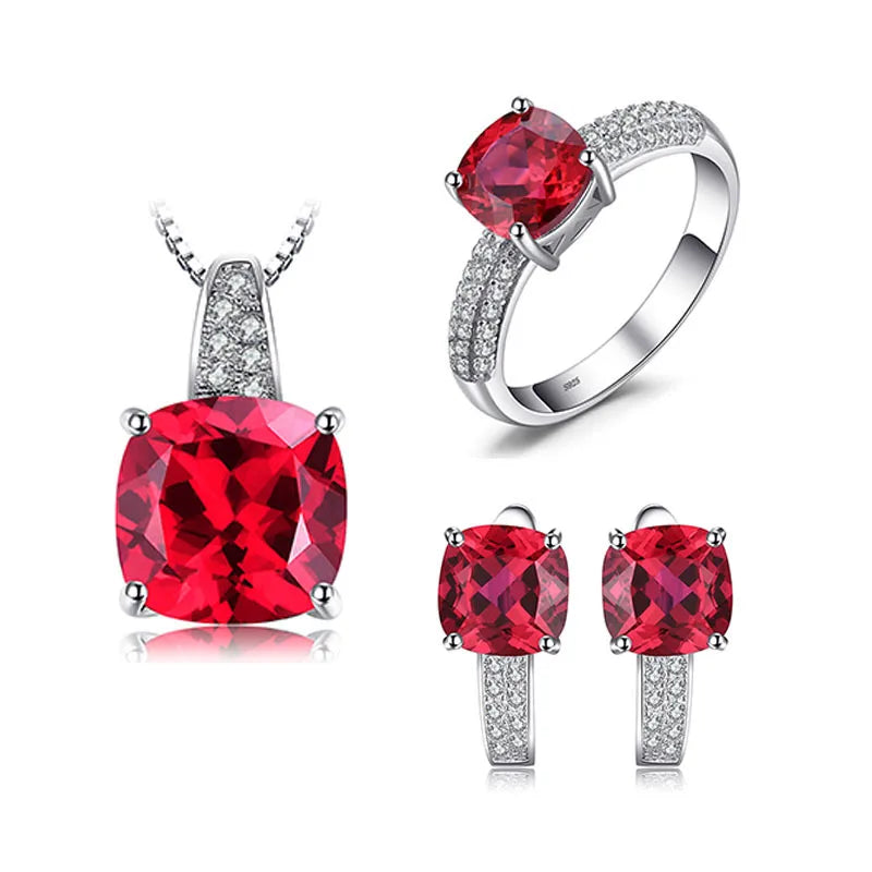 Lab Grown Emerald, Ruby s925 Ring, Pendant and Hoop Earrings Set