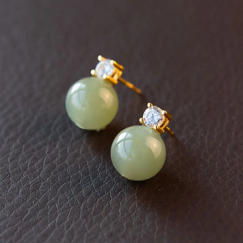 Natural Hotan Jade Stud Earrings 8-14mm S925 Sterling Silver