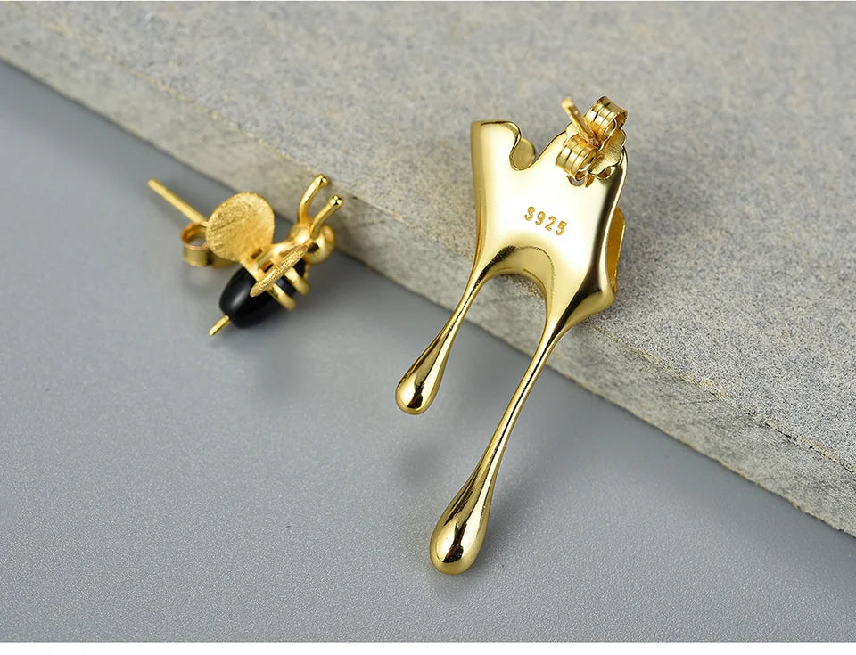 Sterling Silver Bee & Dripping Honey Stud Earrings, 18k Gold Plated