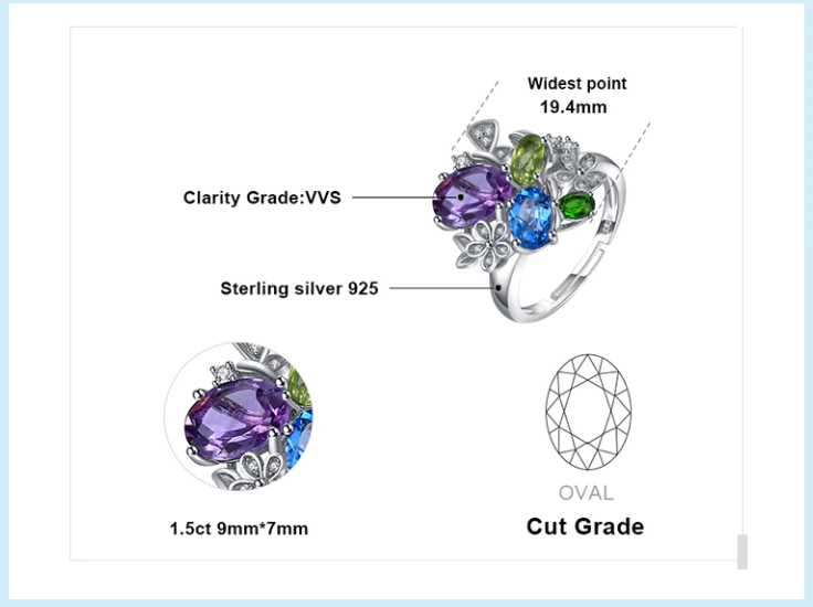 s925 Multi-Color Adjustable Cocktail Ring