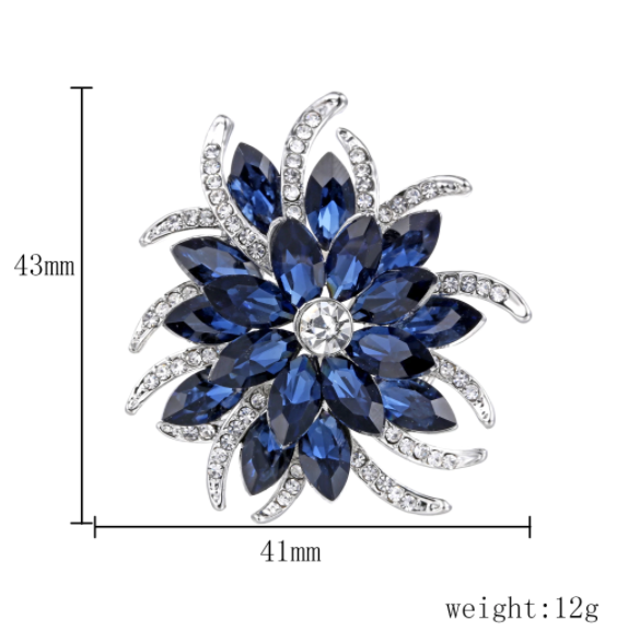 Deep Blue Crystal Flower Brooch Pin
