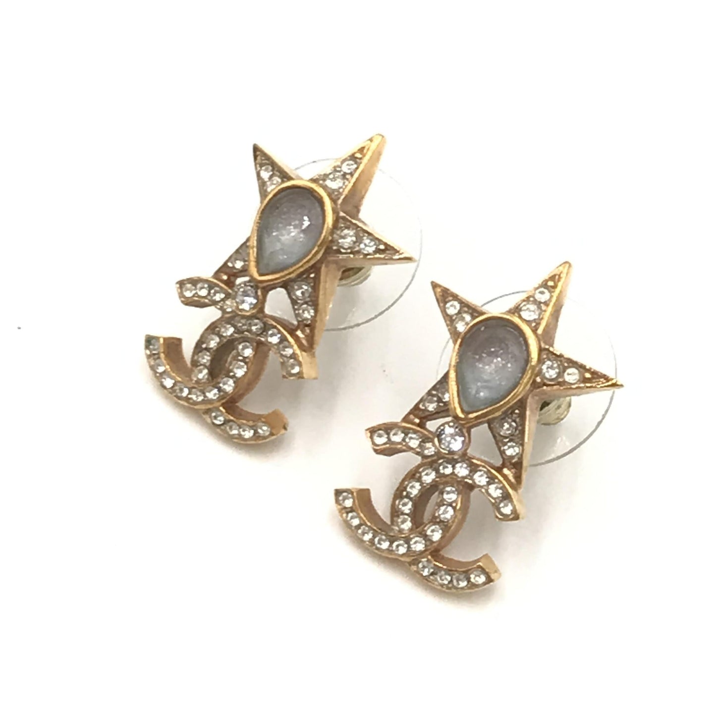 Gold Plated Star Coco Mark Earrings With Rhinestones