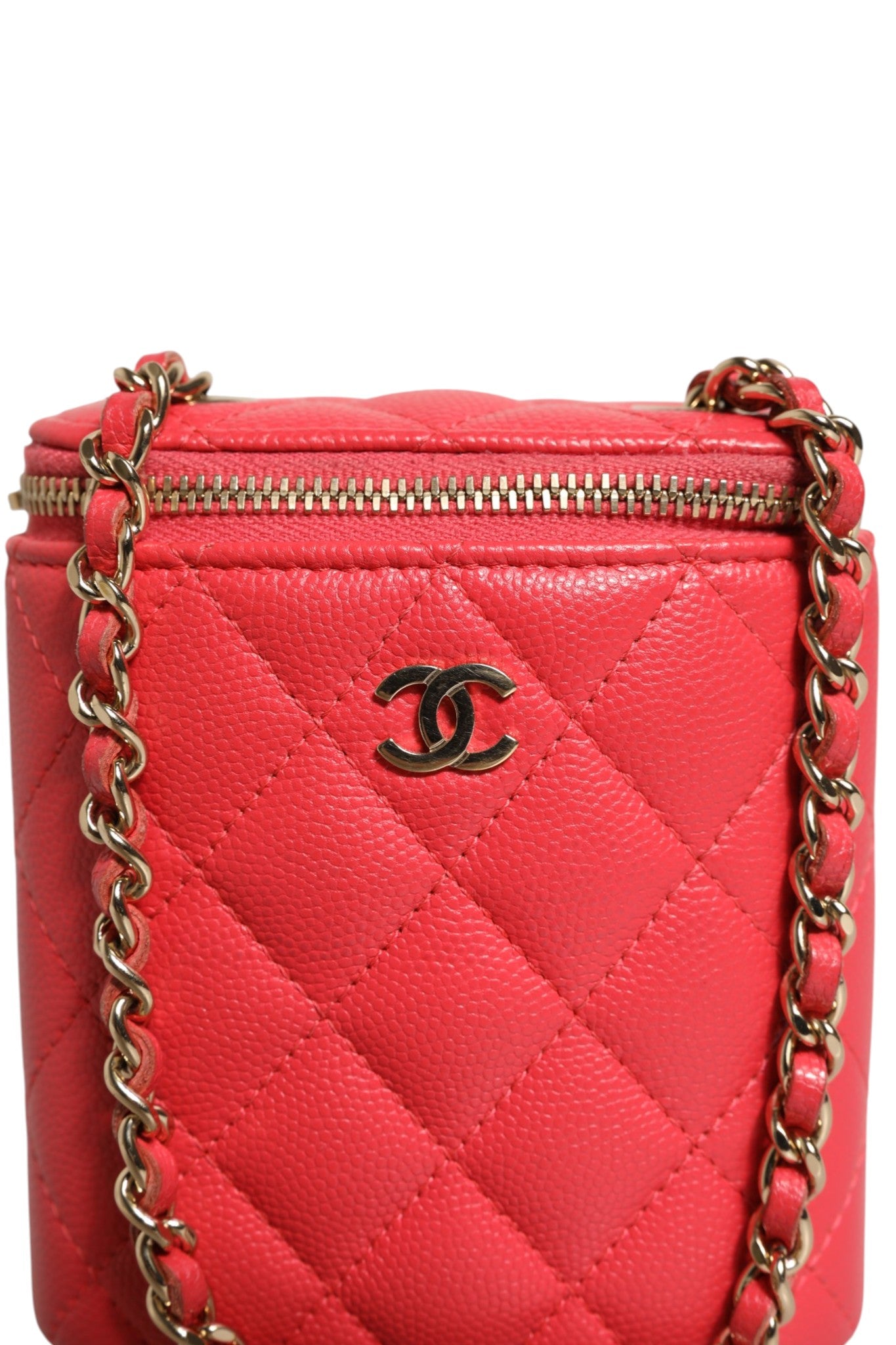 Red Caviar Quilted Small Vertical Coco Beauty Vanity Case with Chain