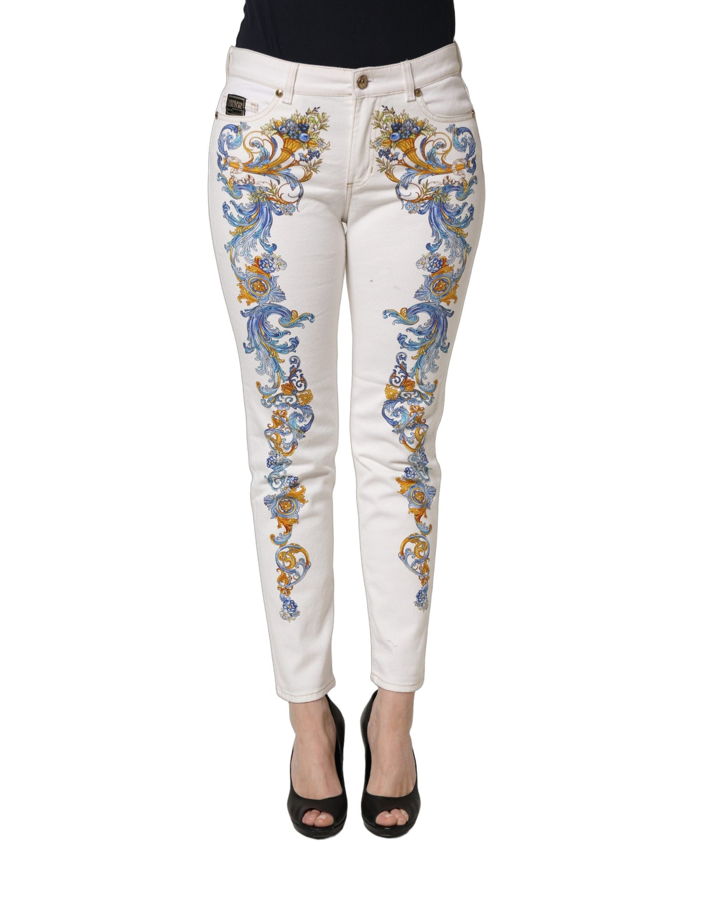 White Floral Print Skinny Denim Jeans