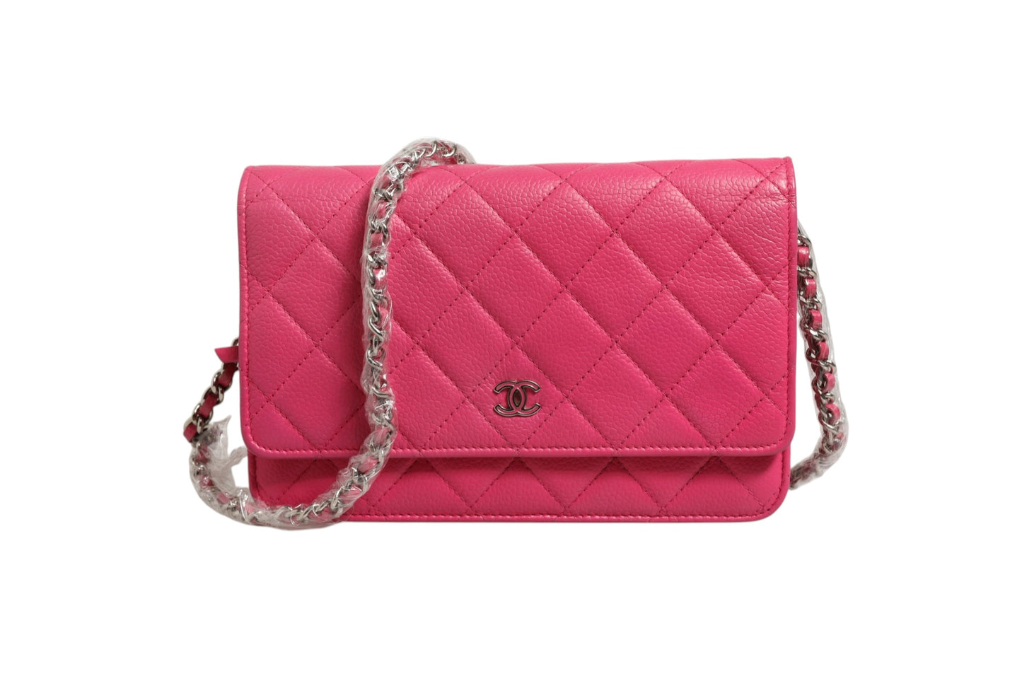 Pink Quilted Lambskin Wallet On Chain WOC Silver