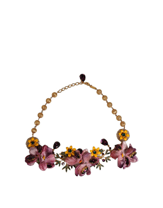 Gold Brass Mix Fiori Flowers Crystal Chain Necklace