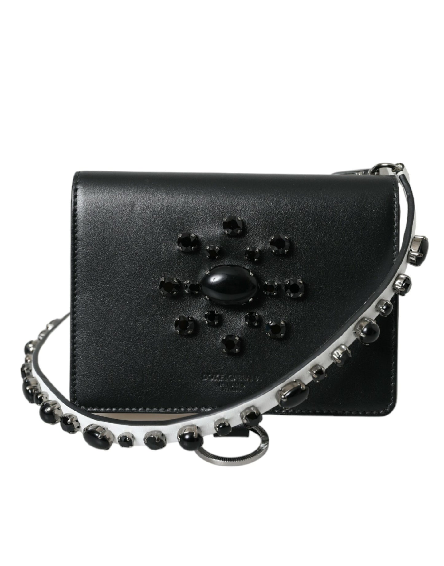 Black White Leather Crystal Embellished Cardholder Wallet