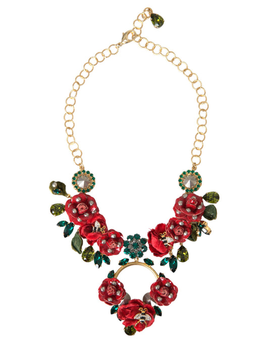 Gold Brass Link Chain Rose-Petal Crystal Pendant Necklace