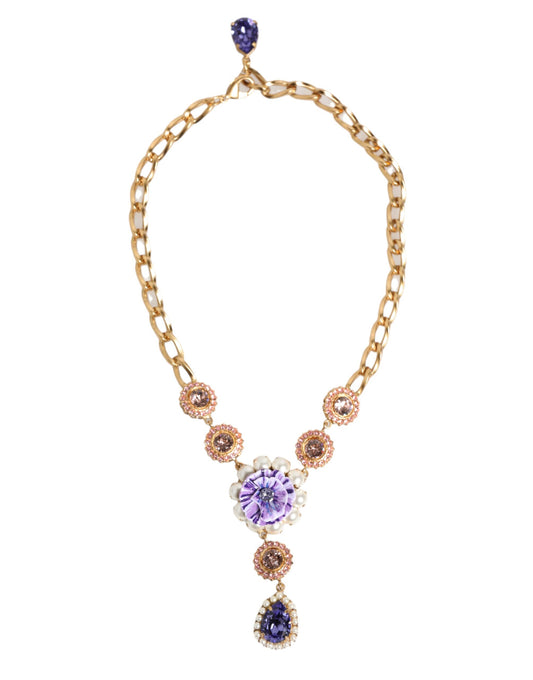 Gold Brass Crystal Pearl Purple Floral Pendant Jewelry Necklace