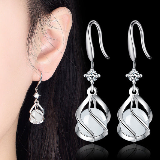 Opal Stone Hollow Sterling Silver Tassel Earrings