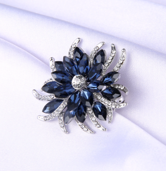 Deep Blue Crystal Flower Brooch Pin
