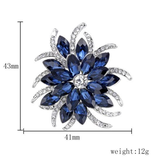 Deep Blue Crystal Flower Brooch Pin
