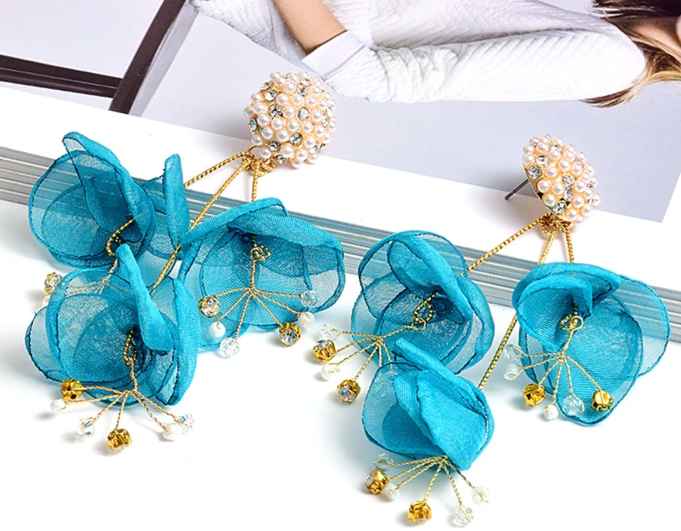 Flower Petal, Pearls, and Crystal Drop Earrings