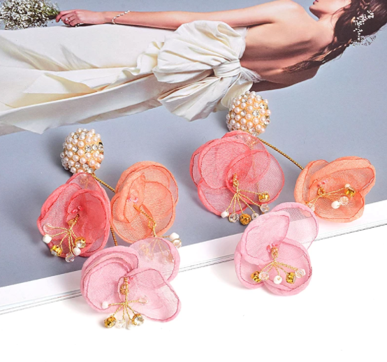 Flower Petal, Pearls, and Crystal Drop Earrings