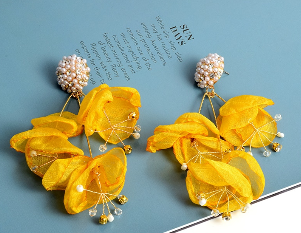 Flower Petal, Pearls, and Crystal Drop Earrings