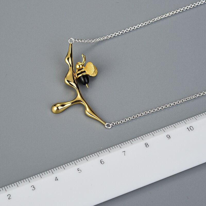 Gold Bee and Dripping Honey Pendant Necklace, Sterling Silver, 18k Gold Plated