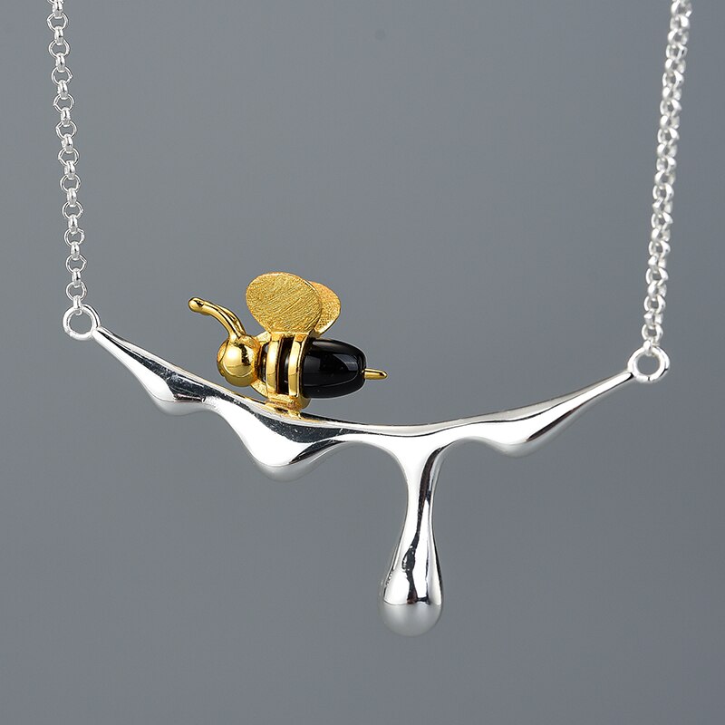 Gold Bee and Dripping Honey Pendant Necklace, Sterling Silver, 18k Gold Plated