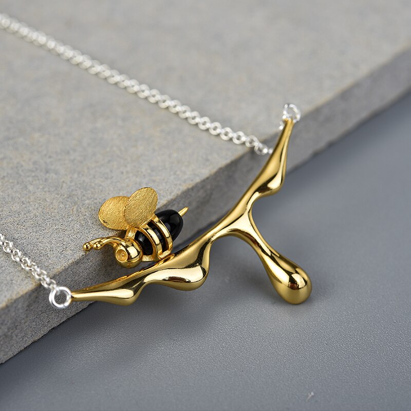 Gold Bee and Dripping Honey Pendant Necklace, Sterling Silver, 18k Gold Plated