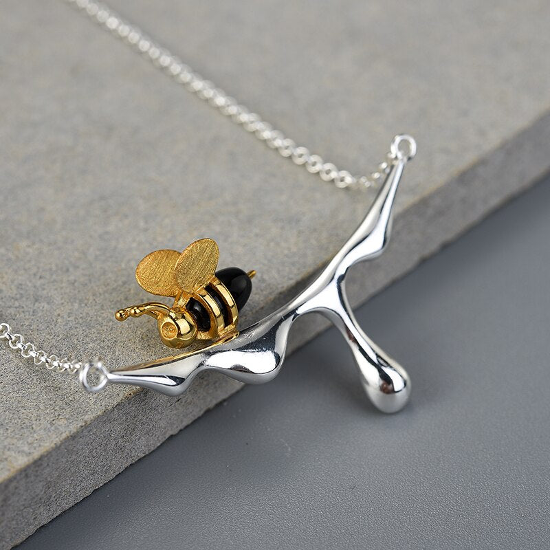 Gold Bee and Dripping Honey Pendant Necklace, Sterling Silver, 18k Gold Plated