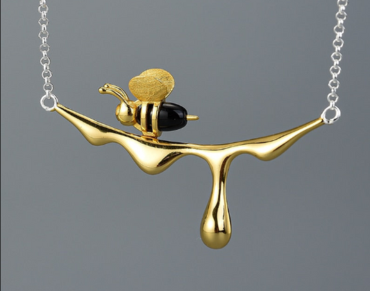Gold Bee and Dripping Honey Pendant Necklace, Sterling Silver, 18k Gold Plated
