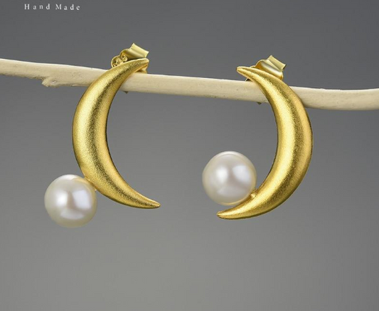 Natural Pearl Moon Stud Earrings