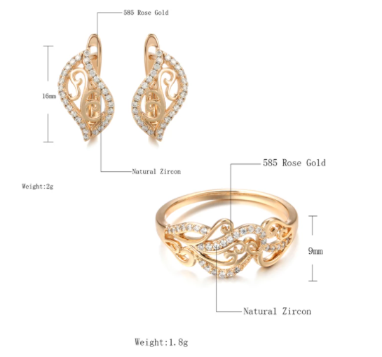 585 Rose Gold Plated Ring and Stud Earrings Set
