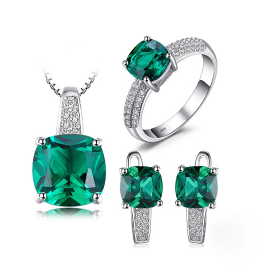Lab Grown Emerald, Ruby s925 Ring, Pendant and Hoop Earrings Set