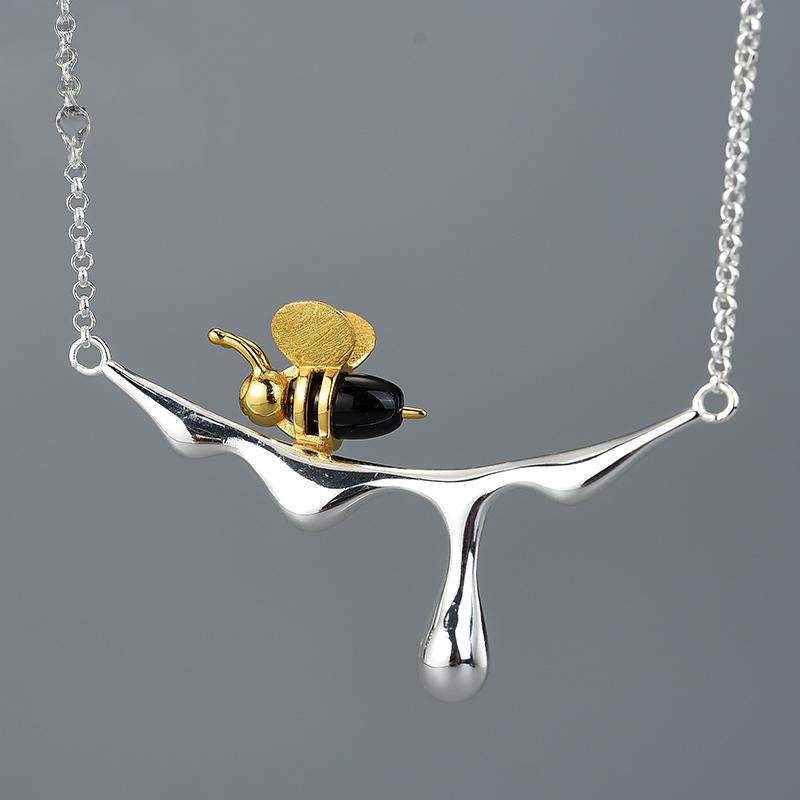 Sterling Silver and Gold Bee Dripping Honey Necklace, 18k Gold Plated, Chain 16 in. (Silver)