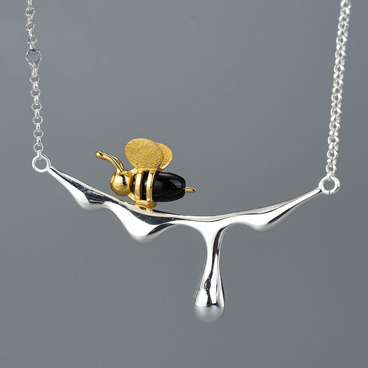 Sterling Silver and Gold Bee Dripping Honey Necklace, 18k Gold Plated, Chain 16 in. (Silver)
