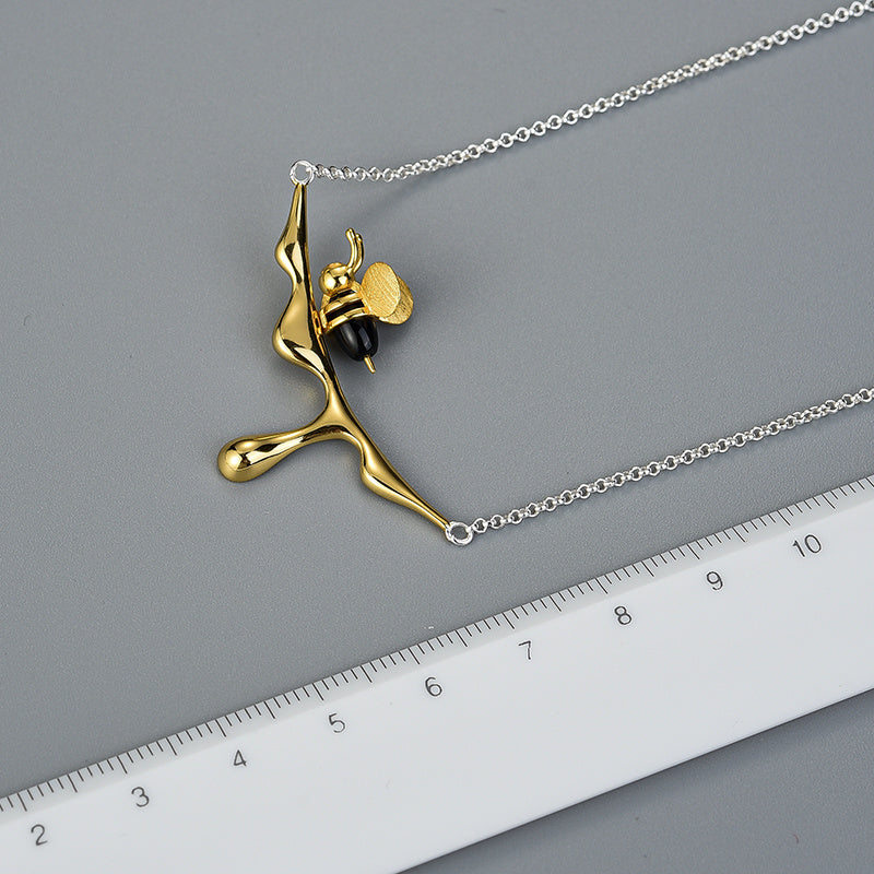 Sterling Silver and Gold Bee Dripping Honey Necklace, 18k Gold Plated, Chain 16 in. (Silver)