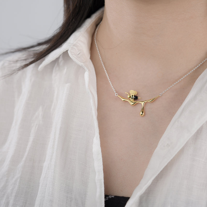 Sterling Silver and Gold Bee Dripping Honey Necklace, 18k Gold Plated, Chain 16 in. (Silver)