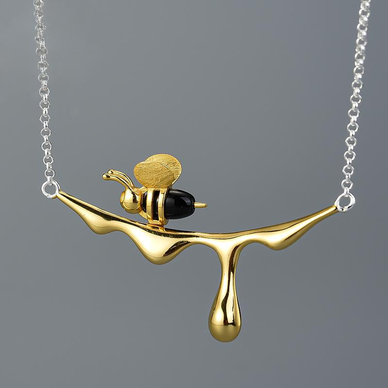 Sterling Silver and Gold Bee Dripping Honey Necklace, 18k Gold Plated, Chain 16 in. (Silver)