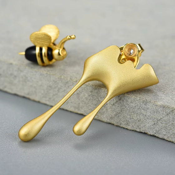 Sterling Silver Bee  & Dripping Honey Stud Earrings, 18k Gold Plated