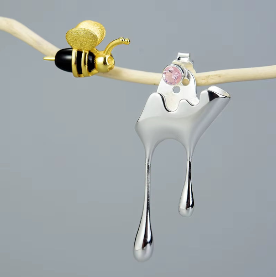 Sterling Silver Bee  & Dripping Honey Stud Earrings, 18k Gold Plated