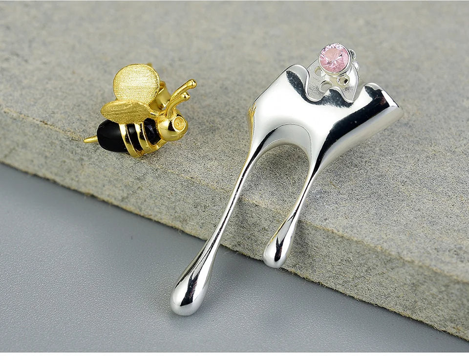 Sterling Silver Bee  & Dripping Honey Stud Earrings, 18k Gold Plated