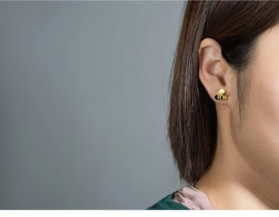 Sterling Silver Bee  & Dripping Honey Stud Earrings, 18k Gold Plated