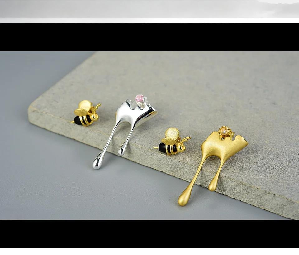 Sterling Silver Bee  & Dripping Honey Stud Earrings, 18k Gold Plated