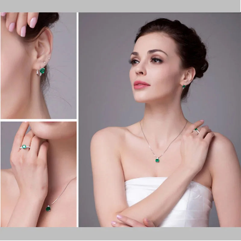 Simulated Green Emerald Ring, Pendant and Hoop Earrings Set