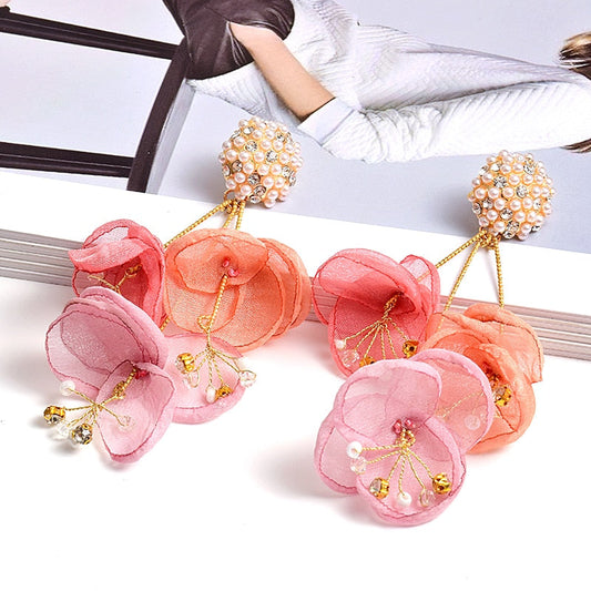 Flower Petal, Pearls, and Crystal Drop Earrings
