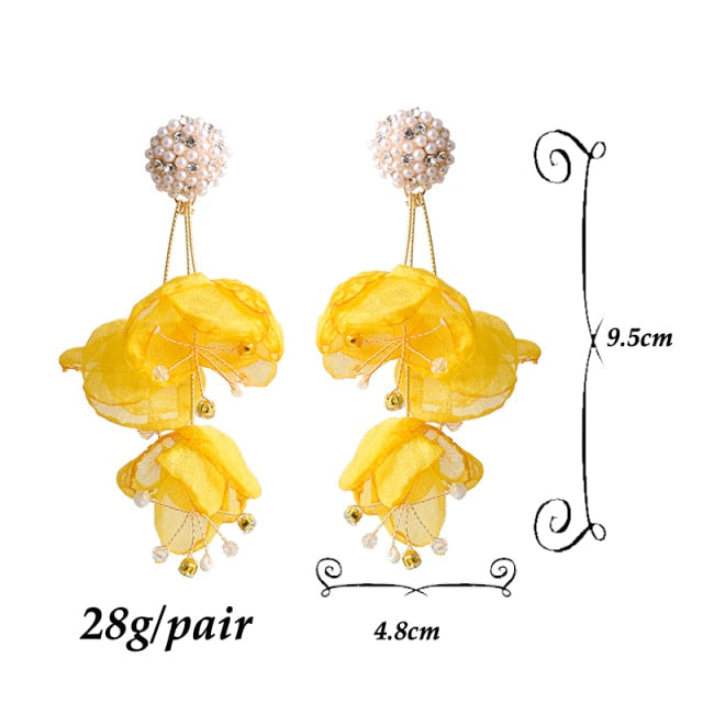 Flower Petal, Pearls, and Crystal Drop Earrings