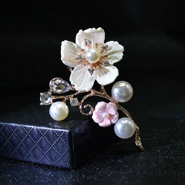 Shell And Pearl Flower Brooches