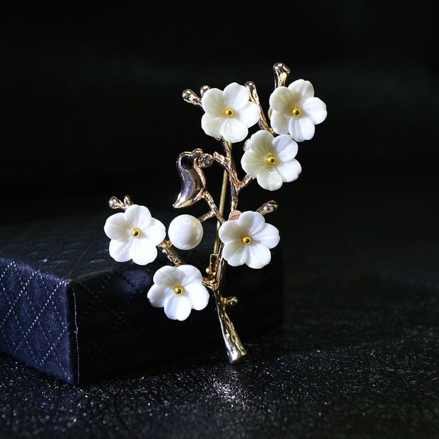 Shell And Pearl Flower Brooches