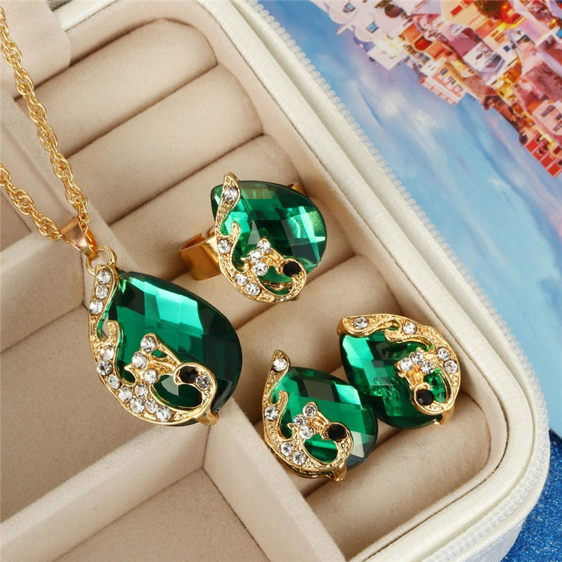 Crystal Gold Chain Peacock Jewelry Set